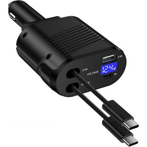 Chargeur de voiture r&eacute;tractable USB C, adaptateur de chargeur de voiture rapide 4 en 1, type C, accessoires allume-cigare pour Samsung Galaxy S25 S24 Ultra S23 FE S22 S21 A14 A15 A34 A35 A54 A55 5G, - Neuf