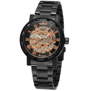 Montre-Bracelet Mecanique Etanche Pour Homme Winner Avec Bracelet En Acier (Noir Et Or Rose) - Neuf