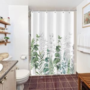 KAL-Rideau Douche 150X180Cm, Rideau De Douche Anti Moisissure Gris Feuilles D'Eucalyptus Vert Rideaux De Baignoire Tissu Lavable Imperméable Polyester Rideaux Salle De Bain Avec 10 Crochets - Neuf