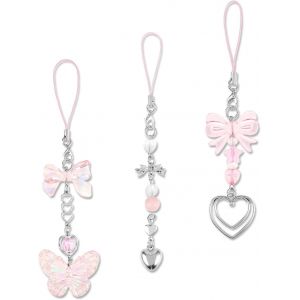 KALANKA-Y2k Lot de 3 jolies breloques de t&eacute;l&eacute;phone, accessoires esth&eacute;tiques en forme de papillon rose en forme de coeur, accessoires &eacute;l&eacute;gants pour sac &agrave; main, sac &agrave; dos, d&eacute;coration pour femmes et fill - Neuf
