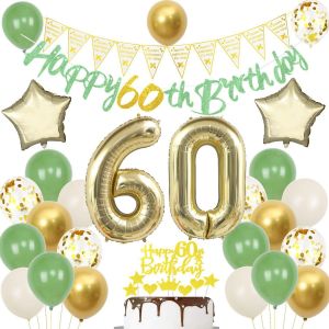 Ballon 60 ans anniversaire vert or,Décoration 60 ans anniversaire Homme Femme,60 ans Décoration anniversaire gâteau or,Ballons anniversaire 60 ans Femme Homme,Or vert 60 ans décoration fête - Neuf