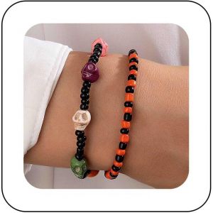 Kal-Bracelet Crâne Punk Bracelet Crâne Arc-En-Ciel Bracelet De Perles De Rocaille Orange Bracelet De Perles De Riz Noir Bracelet Bangle Crâne Bracelet D'halloween Bijoux Pour Femmes - Neuf