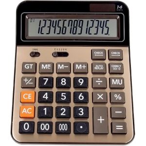Batterie Solaire Calculatrice de Bureau Grande Calculette Professionnelle &agrave; Double Alimentation avec Affichage &agrave; Cristaux liquides de 14 Chiffres,id&eacute;ale pour Le Bureau et la Maison (Gold) - Neuf