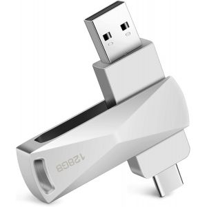 Cl&eacute; USB C 128GO, Type-C Clef USB 128 GO, 2 en 1 OTG Pendrive 128GB, Type C et USB 2.0 M&eacute;moire Stick pour Smartphones Dot&eacute; Type-C et OTG Activ&eacute;, Macbook, PC, Tablette (Argent) - Neuf