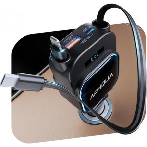 JGD-&iquest;4&iquest;en&iquest;1 96W&iquest; Chargeur de Voiture USB&iquest;C Allume-Cigare R&eacute;tractable APHQUA avec Affichage LED de Tension, PD 36W/QC 30W, 2 C&acirc;bles R&eacute;tractables de 70cm, Fiche Pliable &agrave; 180&deg;, Compatible 12/24V Car - Neuf