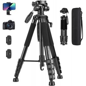 187 cm Professional Aluminium Tripod Camera with Removable Pan Head with 3 Ways, Portable Photo Tripod with Phone Holder Suitable for DSLR Camcorders, DV - Neuf