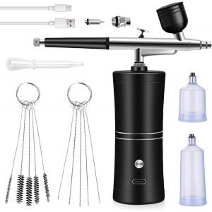 MEVRONISSHOP-Kit A&eacute;rographe Avec Compresseur, Aerographe Kit Complet, Kit A&eacute;rographe Portable Sans Fil, Rechargeable USB, Injecteur D'Oxyg&egrave;ne, Pour Nail Art, Tatouages, Maquillage, Mod&eacute;lisme (Noir) - Neuf
