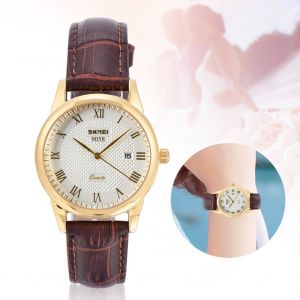 Montre-Bracelet Analogique A Quartz Pour Couple, Ronde, Bracelet En Cuir (Cadran Argente, Bracelet Cafe, Femme) - Neuf