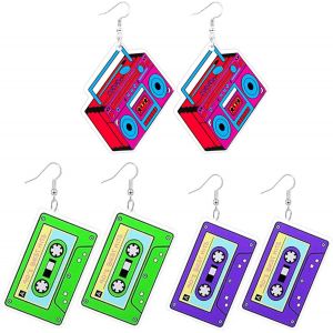 Kal-3 Paires De Boucles D'oreilles Néon Années 80 90 Vintage, Boucles D'oreilles Pendantes En Forme De Cassette Rétro, En Acrylique, Pour Tenues De Costumes Années 80, Accessoires De Fête - Neuf