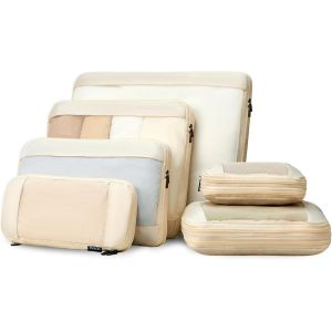 Organisateur Val Compressible Lot De 6, Sac Compression Voyage, Rangement Val Packing Cubes Pour Les Vacances Et Les Voyages, Accessoires De Camping, Travel Essentials, Beige - Neuf