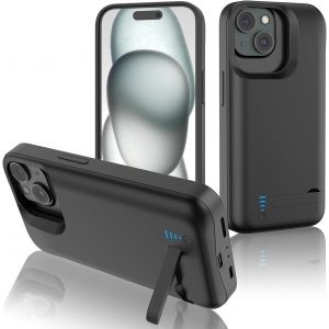 KALANKA-Coque Batterie pour iPhone 15(6000mAh 6.1""), Portable Coque Rechargeable avec Support, Externe Bo&icirc;tier de Recharge Power Bank Housse Batterie pour iPhone 15, Noir - Neuf