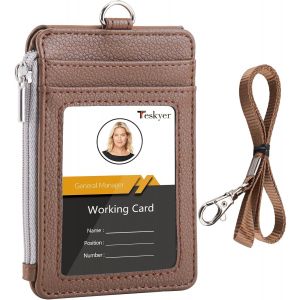 KALANKA-Porte Badge Tour de Cou, Portefeuilles de Carte de Crédit Minces, Porte Carte avec Poche à Glissière, 1 Fenêtre d`Identification, Peut Contenir Jusqu`à 4 Cartes, Cuir PU, Brun - Neuf