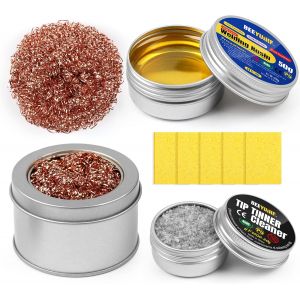 JEXNOVASHOP-Nettoyant de Pointe de fer Kit de Contient 1 Flux de p&acirc;te &agrave; souder/1 Nettoyant pour panne de soudure/1 Support de Fer &agrave; Souder/2 Boules en Laiton/5 &Eacute;ponges - Neuf