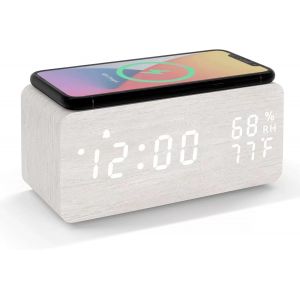 ERYI-Réveil Led En Bois Avec Chargement Sans Fil, Affichage De La Température Et De L'Humidité, Luminosité Réglable, Contrôle Du Son Pour Chambre À Coucher, Bureau À Domicile (Blanc) - Neuf