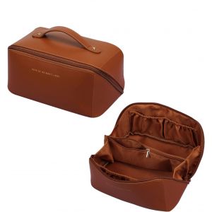 Trousse de maquillage grande capacité pour femme, trousse de toilette avec poignée, trousse de maquillage imperméable en PU, trousse de maquillage pour femme et homme (marron) - Neuf