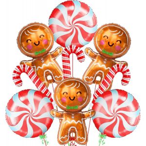 CAUC-Ballon Noel Decoration 9 Pi&egrave;ces Ballons Helium Noel Homme en Pain D'&eacute;pices B&acirc;ton de Marche Bonbons Ballon Gonflable Noel Joyeux Kit Ballon Sucre D'orge - Neuf