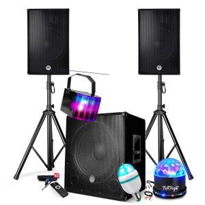 Pack sonorisation DJ PRESTATIONS BM SONIC 2500W - Enceintes DJ 15" +Caisson 15" + Pieds - USB/BLUETOOTH, Pack 3 Jeux de lumi&egrave;res - Neuf