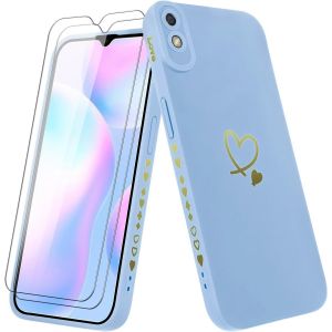 Kal-Coque Pour Xiaomi Redmi 9at/Redmi 9a Avec 2 Verre Trempé, Etui Fille Avec Or Motif Coeur Souple Tpu Silicone Antichoc Anti-Rayures Housse Compatible Avec Xiaomi Redmi 9at/Redmi 9a, Bleu - Neuf