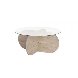 Table basse en bois "Aeris" - 75 x 75 x 35 cm - TravertinTransparent - Neuf