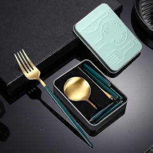 Couverts De Voyage En Acier Inoxydable R&eacute;utilisables Et Portables,Couverts Pliables Avec Bo&icirc;te De Rangement,Adapt&eacute;s Au Camping,Au Pique-,Au Bureau,Aux Voyages,Vert Fonc&eacute;-Yuha - Neuf