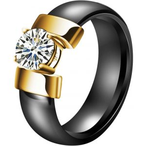 Kahfl-Bague Pour Femme Et Homme-En Acier Inoxydable Et Céramique-6 Mm-Avec Zircone Ronde Incrustée-Noir Et Blanc-Unisexe - Neuf