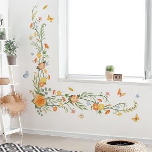 Rose Floral Vigne Stickers Muraux Plantes Papillons Autocollant Mural R&eacute;tro Fleurs Herbe D&eacute;coration Murale Pour Salon Chambre Bureau Tv Canap&eacute; Salle De Bain Fond - Neuf
