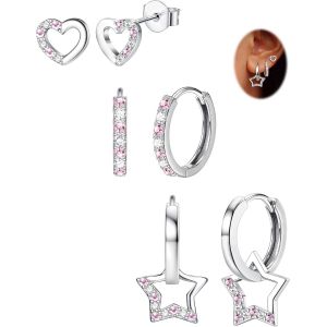 3 Paires Hypoallergéniques Boucles D'oreilles Femme Argent 925 Poteau Coeur Étoile Boucles D'oreilles Pour Femmes Enfants Fille Clou D'oreilles Creoles Pendantes Boucle D'oreille Femme Ensemble - Neuf
