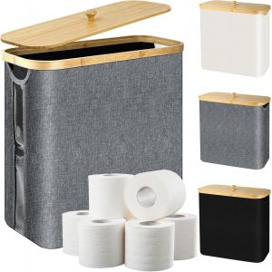 28L Boite Rangement Papier Toilette avec Couvercle en Bambou, Range Papier Toilette Pliable Organisateur de Salle de Bain &Eacute;tanche pour 9 &agrave; 12 Rouleaux, Bambou Panier Papier WC Accessoires WC (Gris) - Neuf