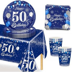 53pcs Vaisselle Lot Bleu Argent Pour Anniversaire 50 Ans, Kit Comprenant Assiette, Serviette, Nappe, Gobelets - Décoration Pour 16 Invités - Neuf