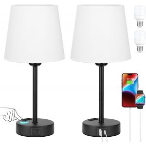 Touch Bedside Lamp With Usb-A+C Ports+Ac Plug 2 Bulbs, 3 Dimmable, Bedside Lamps Set Of 2, White Linen Lampshade, Table Lamps For Bedroom Kids Living Room Office - Neuf