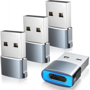 Adaptateur USB vers USB C avec Lumi&egrave;re LED, Convertisseur USB A vers C &agrave; Charge Rapide, 4 Pack Type C Femelle vers USB M&acirc;le pour iPhone 15/16 Pro Max Plus,AirPods,iPad,Galaxy, CarPlay, Gris - Neuf