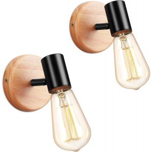 Lots De 2 Applique Murale Interieur Vintage E27 Lampe Murale Industrielle En M&eacute;tal Applique Murale Bois Rotative Lampe De Mur Noir Pour Salon Chambre Cuisine Salle De Bain - Neuf