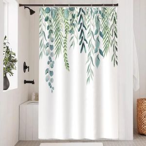 KAL-Rideau Douche Anti Moisissure, Rideau De Douche 120X200Cm Feuilles D'Eucalyptus Vert Motif Rideaux De Baignoire Tissu Lavable Imperméable Polyester Rideaux Salle De Bain Avec 8 Crochets - Neuf