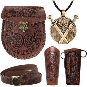 Cauc-V&ecirc;tements Viking, 6 Pcs Deguisement Medieval Homme Femme, Prot&egrave;ge Bras Tir &Agrave; L'arc, Brassards M&eacute;di&eacute;vaux, Ceinture M&eacute;di&eacute;vale Pour Femmes, D&eacute;co Viking Pour Halloween Cosplay Costume Viking - Neuf