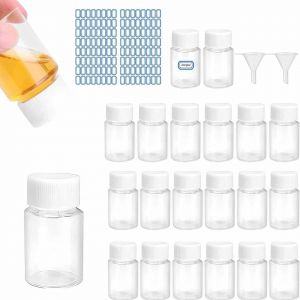 MEVRONISSHOP-Lot de 50 bouteilles en plastique portable avec couvercle &agrave; visser - 20 ml - Pour cosm&eacute;tiques, camping, lotion - Avec 2 autocollants - Entonnoir, Transparent - Neuf