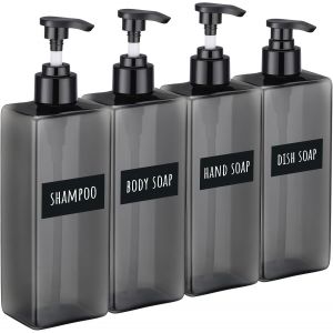 Flacon Pompe Vide,4 Pièces 500ml Distributeur Savon Salle de Bain,Soap Dispenser Plastique,Distributeur Savon Liquide,Bouteille Shampoing Vide avec Étiquette - Neuf