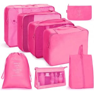 nzqaf-Organisateur Valise, Organisateur de Voyage, Lot de 8 Organiseurs de Bagage pour Voyage,Différents Tailles des Cubes Étanche Sacs de Voyage Rangement (Rose Rouge) - Neuf