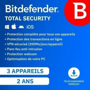 Antivirus - Bitdefender - Total Security 2025 - 3 Appareils - 2 Ans - Renouvellement Automatique - Neuf