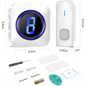Kalanka-Sonnette De Porte &Eacute;lectrique Sans Fil &Eacute;tanche Avec 2 Boutons Sans Fil &Agrave; Piles, 55 M&eacute;lodies, 5 Niveaux De Volume Et Affichage Du Num&eacute;ro Flash Led, Blanc - Neuf