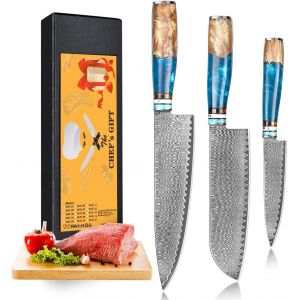 Couteau De Chef Damas, Couteaux Japonais Professionnelle En Acier Damas 67 Couches, Lame De 20cm Ergonomique R&eacute;sine Bleue Handle Avec Bo&icirc;te Cadeau - Neuf