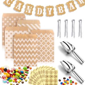 Mevronisshop-Candy Bar A Bonbon 50pcs Sachet Papier 10 Autocollants Avec 4 Inox Pince A Sucre 2 Ice Scoop 1 Candy Bar Banderole Guirlande Pour D&eacute;coration De Mariage Anniversaire F&ecirc;te Festival - Neuf