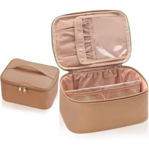 KALANKA-Trousse de Toilette Femme Voyage, Sac de Makeup Grande Capacité, Étanche Portable Trousse Toilette avec Poignée et Séparateur, Toilette Accessoires Sac Cosmétique Organisateur, Marron - Neuf