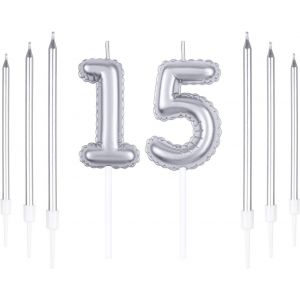 Eryi-Lot De Bougies D'anniversaire Argentées En Forme De Chiffre 15 Avec 6 Bougies Longues, 15 Bougies Pour 15e Anniversaire, Décoration De Gâteau Pour Fête D'anniversaire, Anniversaire De Mariage - Neuf