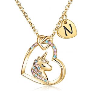 Kal-Collier De Licorne Pour Filles, Collier De Pendentif Coeur Plaqué En Or 14 Carats Pour Filles, Avec Cz Colorée Et Un Pendentif Coeur Initial - Neuf