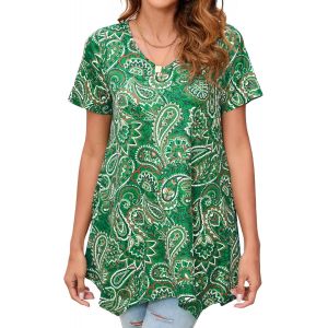Utigh-Tunique Femme Longue Été Grande Taille Blouses Col En V À Manche Courte Chemisier Chic Et Élégant Tuniques Ample À Floraux Motifs Hauts Femmes Couleur Unie S-3xl - Neuf