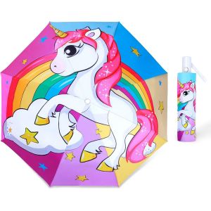 Parapluie Pliant Enfant Anti-Uv, Parapluie Compact L&eacute;ger Automatique Anti-Rebond Avec Bande R&eacute;fl&eacute;chissante, Mini Parapluie De Voyage Pour Bebe, Filles, Gar&ccedil;ons, Licorne Arc-En-Ciel - Neuf