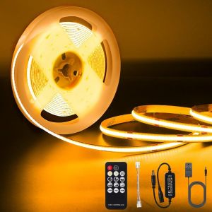 2700k Ruban Led Cob 5m, Bandes Led Dimmables 24v, Contr&ocirc;lable &Agrave; Distance, Avec Alimentation Et T&eacute;l&eacute;commande, &Eacute;clairage Inf&eacute;rieur Tv Cri90+, Adapt&eacute; Pour Chambre/Cuisine/D&eacute;coration De La Maison - Neuf