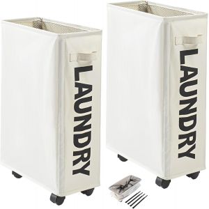 CHECARZHN--NO1-Lot De 2 Paniers À Linge Étroits Pliables Avec Roulettes - Beige - 57 X 39 X 19 Cm - 42 L - Panier À Linge Fin - Panier À Linge Pliable - Neuf