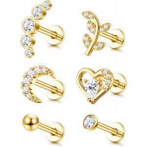 Kal-Pièces 16g Cartilage Tragus Boucles D'oreilles Pour Femmes Hommes Fileté À L'intérieur Cz Lune Coeur Feuille Helix Conque Labret Monroe Oreille Piercing Bijoux - Neuf