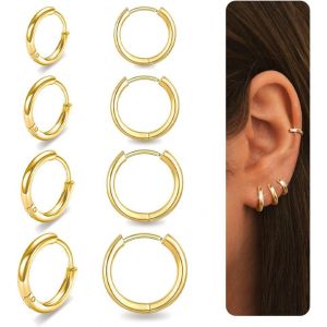 Kal-Paires Boucles D'oreilles Cr&eacute;oles Argent Or Femme Bijoux Petites Hypoallerg&eacute;nique Creoles Acier Inoxydable Boucle D'oreille 8/10/12/14mm - Neuf